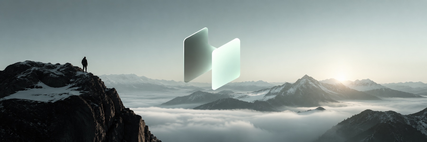 A lone figure on a ridge above the clouds, with the Sealane mark in the sky.